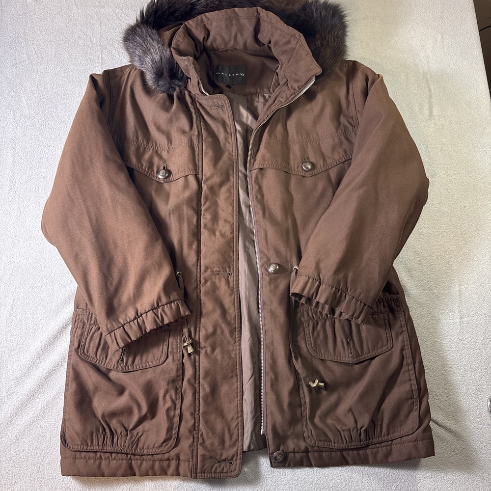 GALLERY Faux Fur Hood Parka Jacket Brown Womens Medium